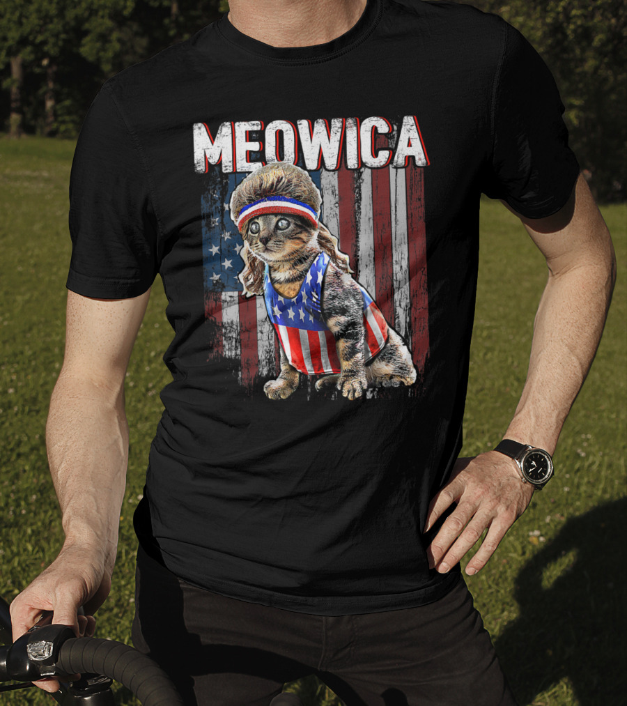 Meowica Cat Mullet American Flag Patriotic Kitten In Stars And Stripes Vest And Headband In Front Of American Flag T-Shirt