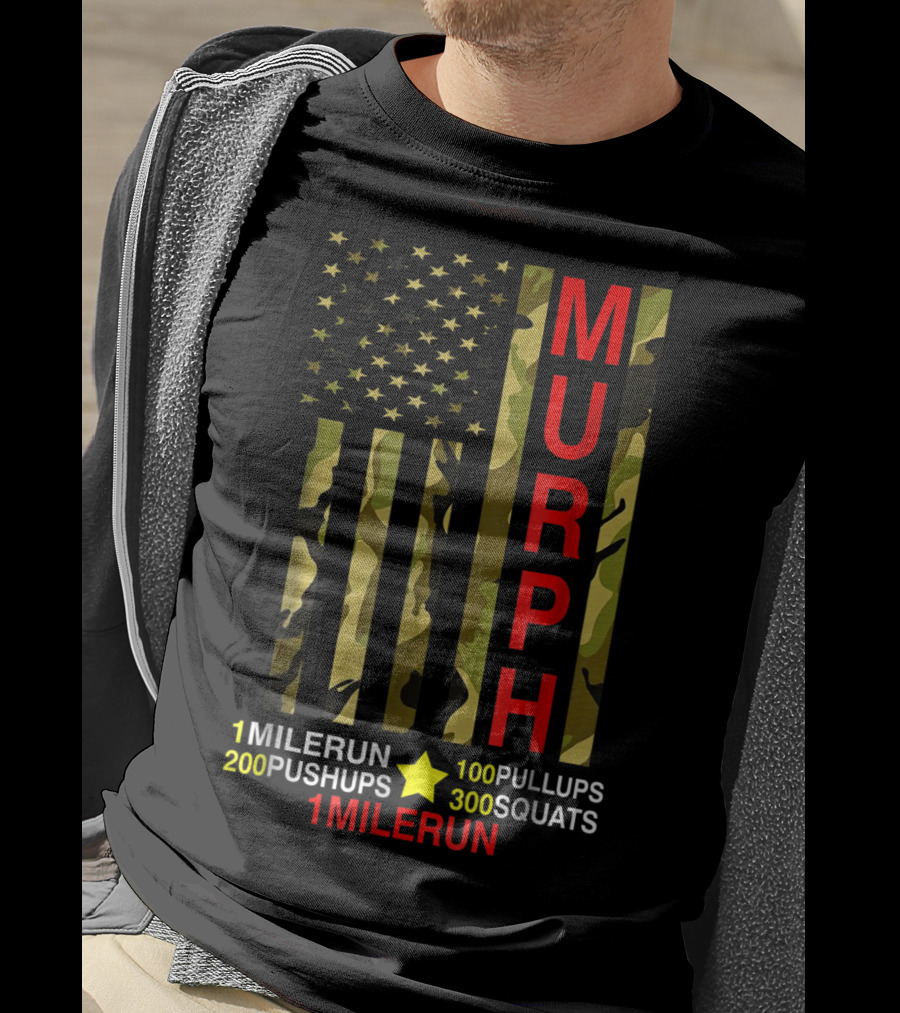 Murph Challenge Memorial Day Workout 1 Mile Run 100 Pullups 200 Pushups 300 Squats Camo Flag T-Shirt