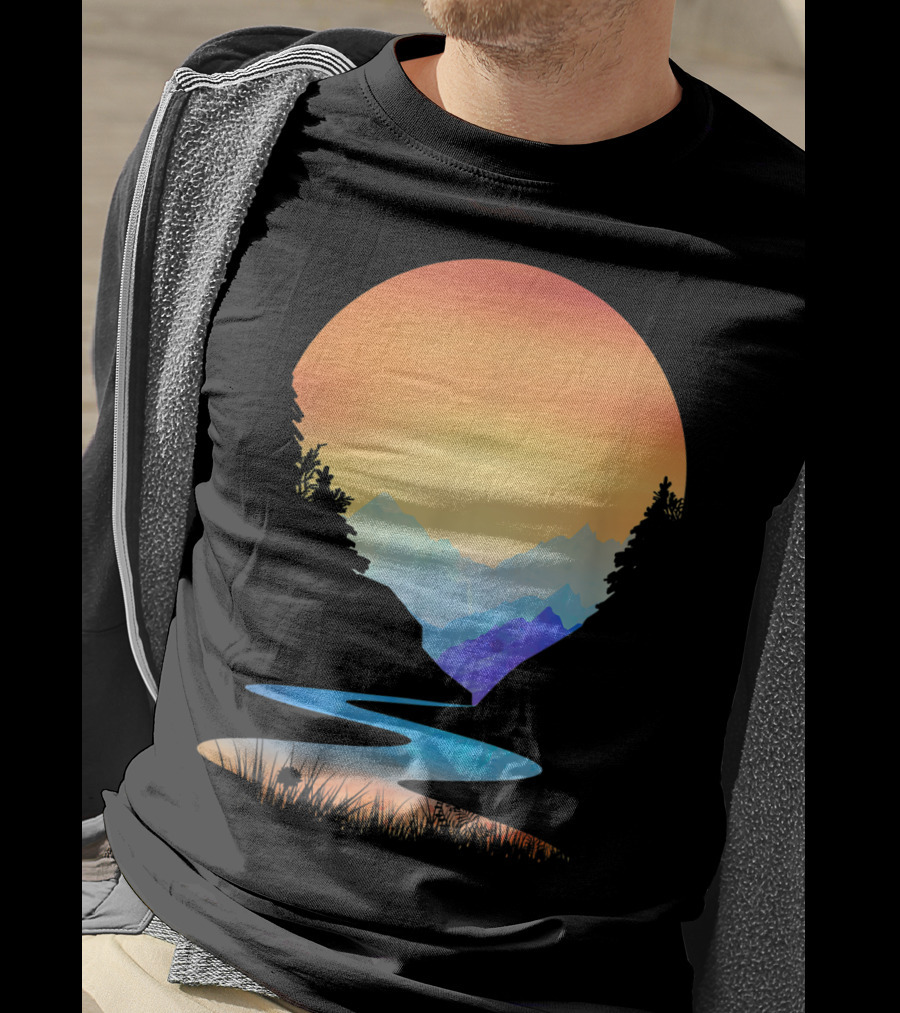 Outdoor Sunset Vintage Style Mountains Sun Nature River Landscape T-Shirt