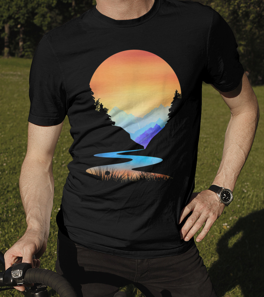 Outdoor Sunset Vintage Style Mountains Sun Nature River Landscape T-Shirt