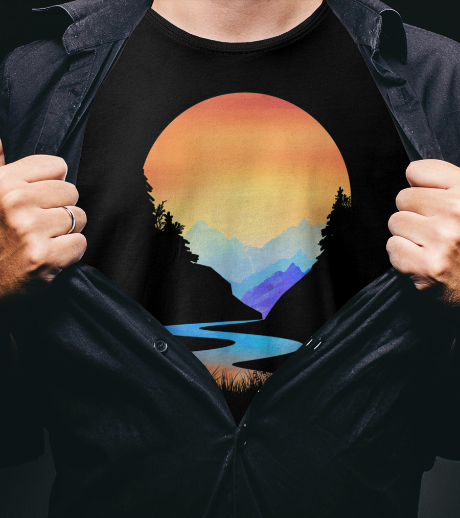 Outdoor Sunset Vintage Style Mountains Sun Nature River Landscape T-Shirt