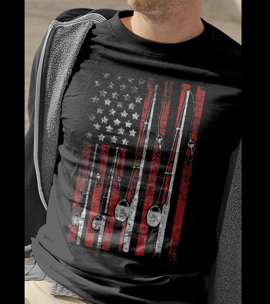 Vintage American Flag Fishing Poles T-Shirt