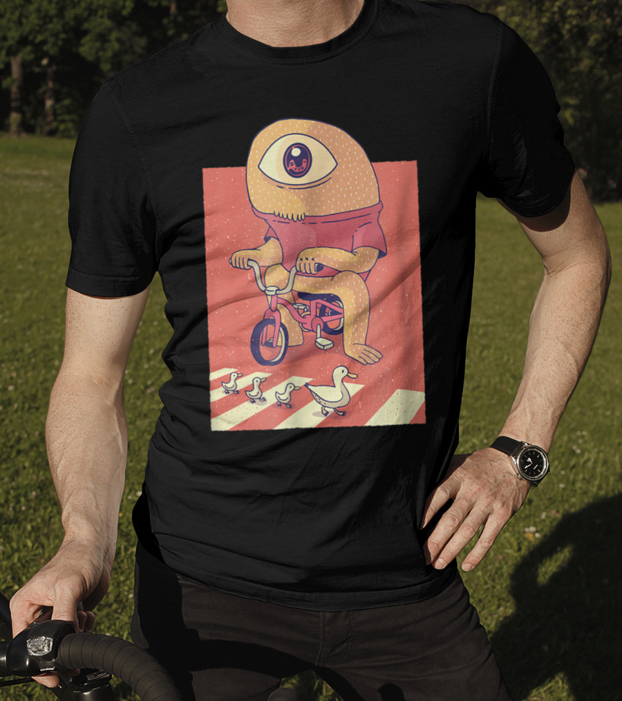 Vintage Japanese Cyclops Riding Bicycle With Ducklings Crossing T-Shirt