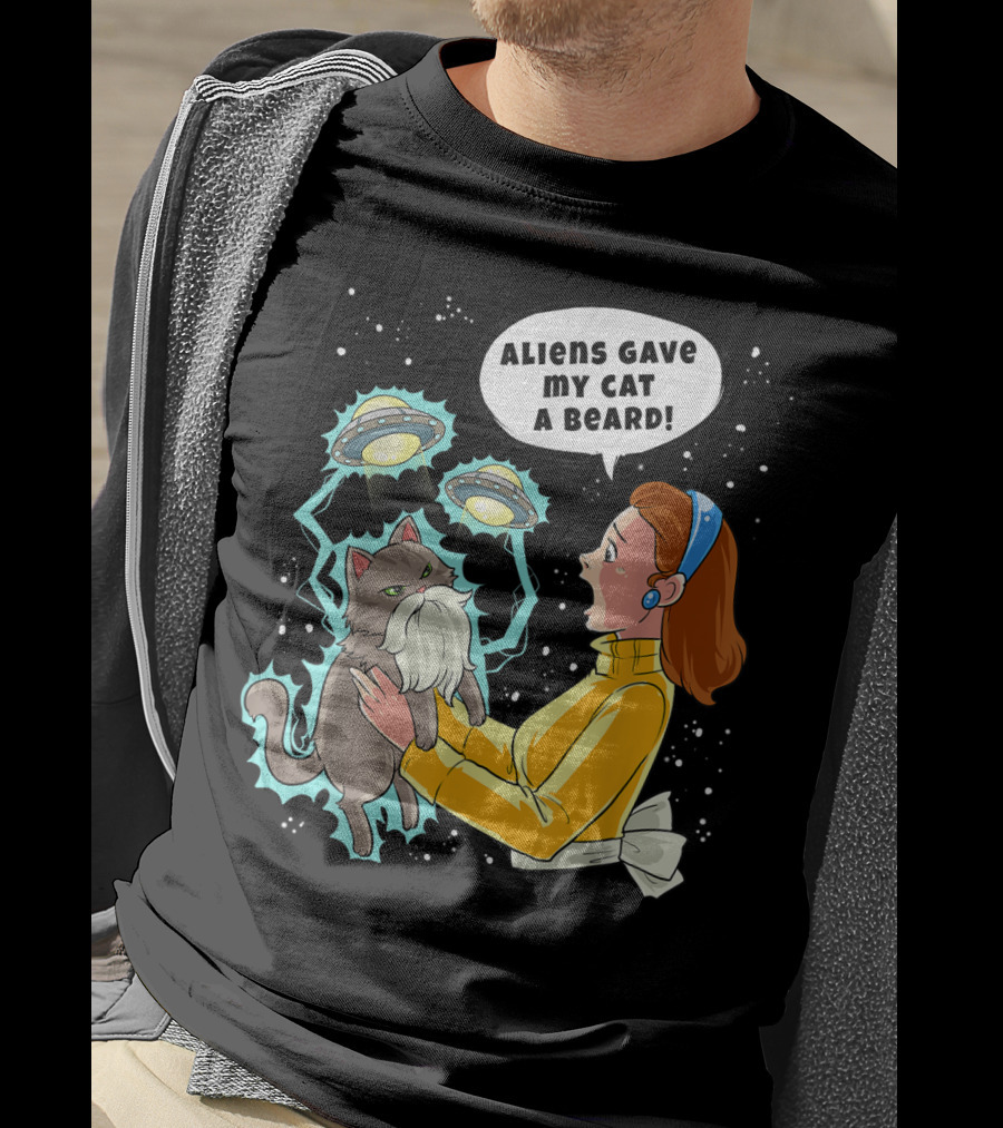 Aliens Gave My Cat A Beard UFO Encounter With Surprised Woman In Space T-Shirt