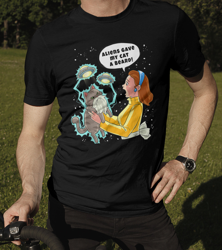 Aliens Gave My Cat A Beard UFO Encounter With Surprised Woman In Space T-Shirt