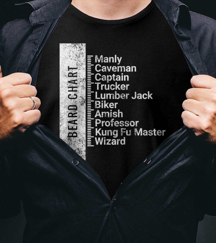 Beard Chart Manly Caveman Captain Trucker Lumberjack Biker Amish Professor Kung Fu Master Wizard T-Shirt