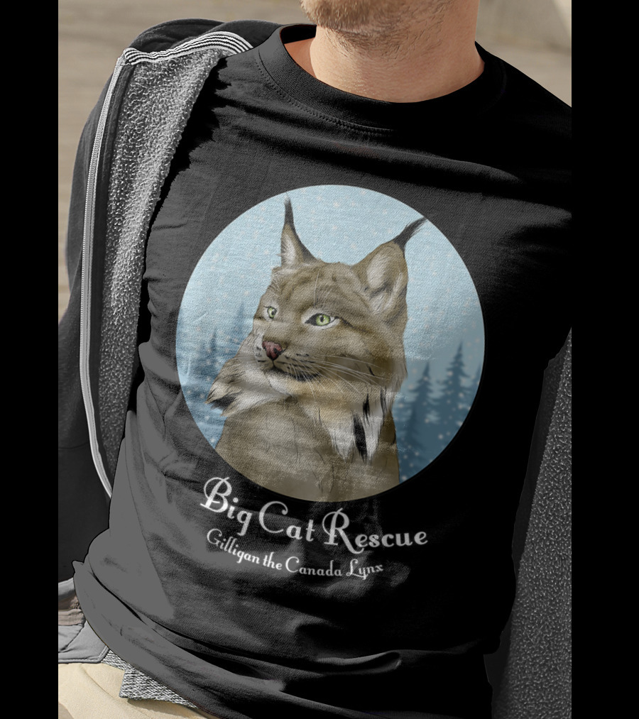 Big Cat Rescue Gilligan The Canada Lynx Snowy Forest Background T-Shirt