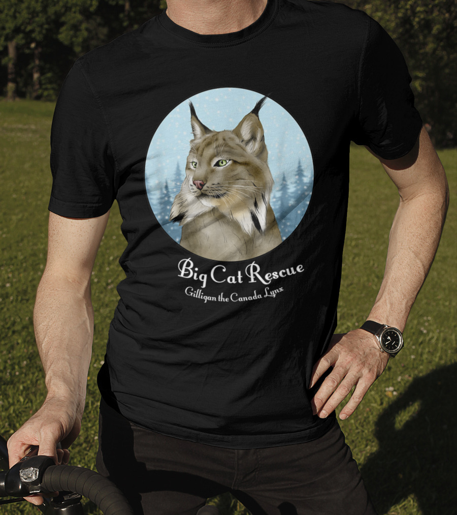 Big Cat Rescue Gilligan The Canada Lynx Snowy Forest Background T-Shirt