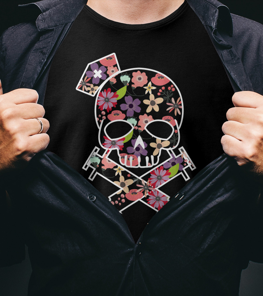 I'll Stab You Nurse Skull Medical Flowers T-Shirt