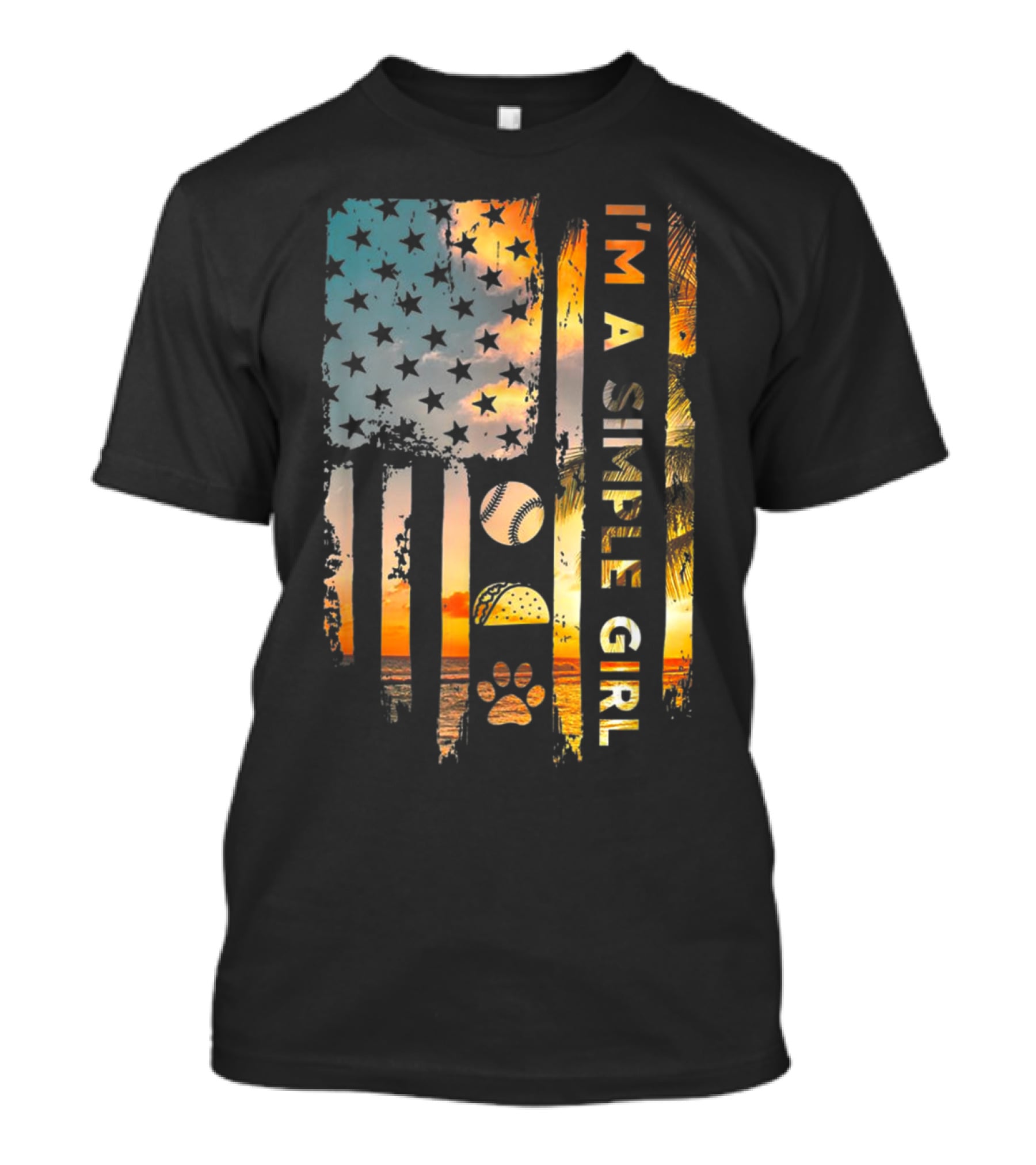 I'm A Simple Girl American Flag Softball Tacos Dogs Sunset T-Shirt