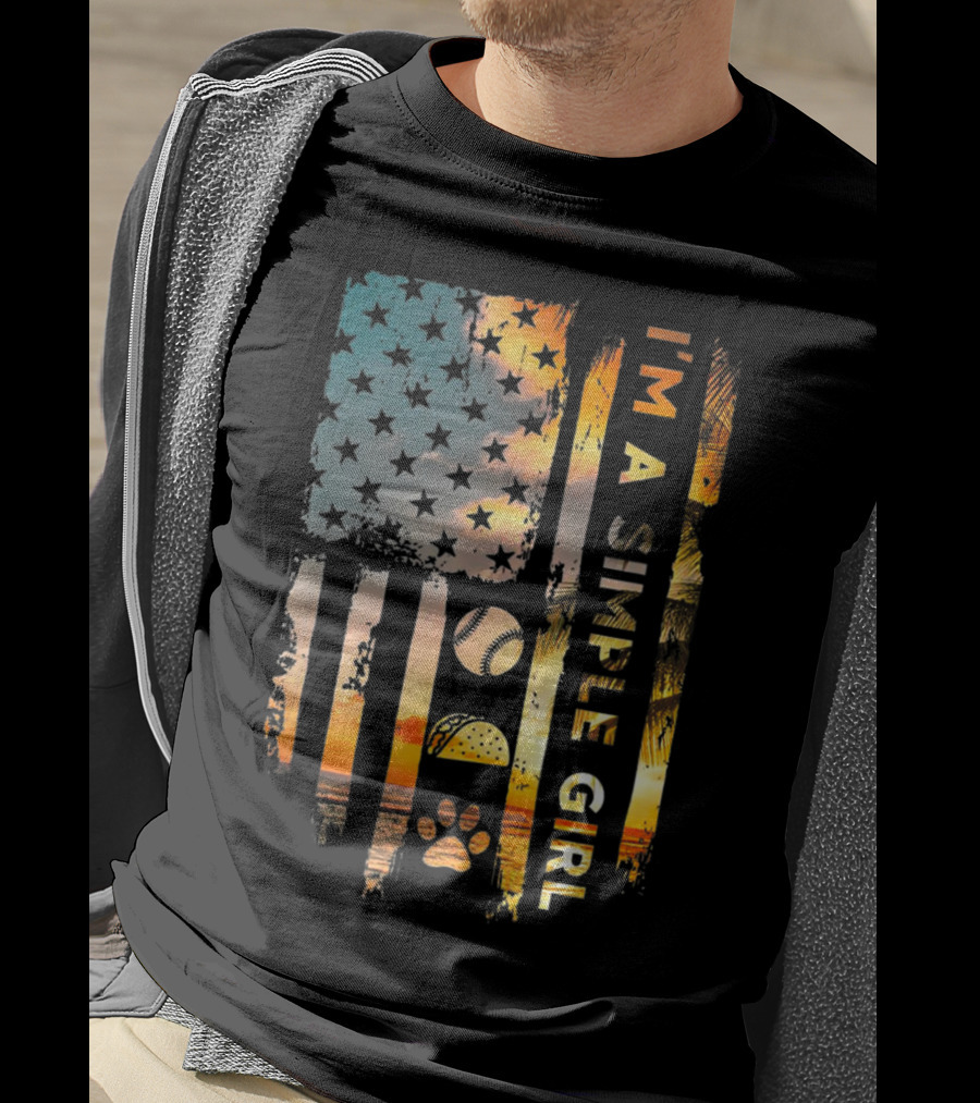 I'm A Simple Girl American Flag Softball Tacos Dogs Sunset T-Shirt