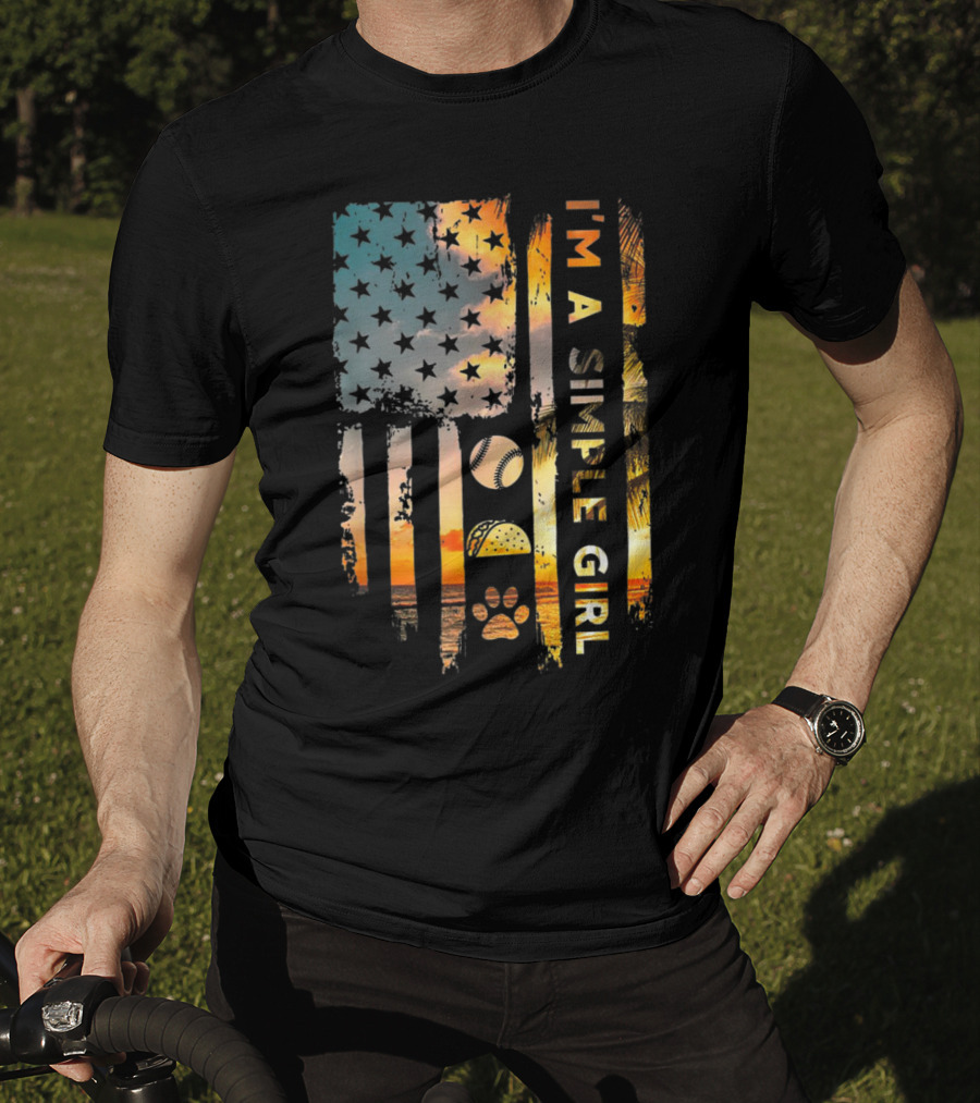 I'm A Simple Girl American Flag Softball Tacos Dogs Sunset T-Shirt
