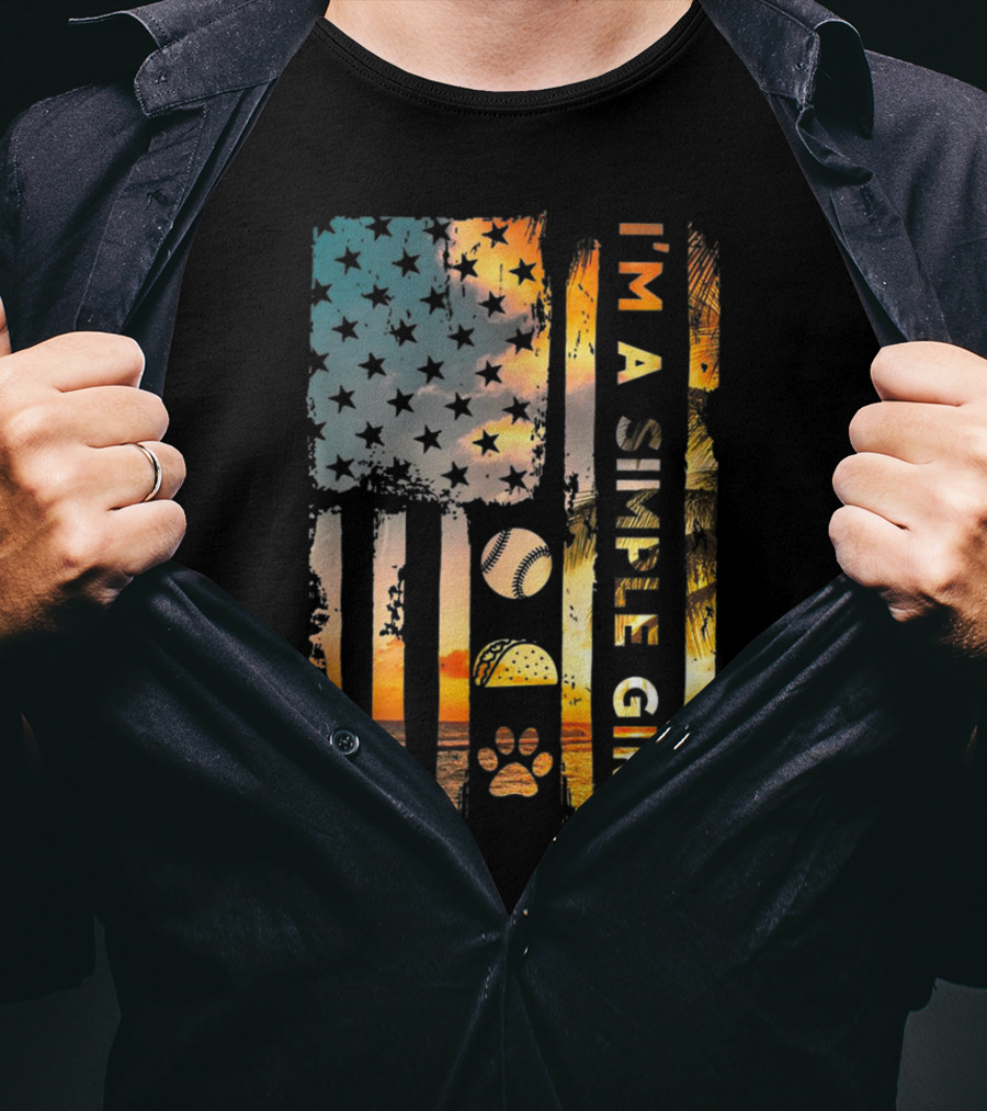 I'm A Simple Girl American Flag Softball Tacos Dogs Sunset T-Shirt