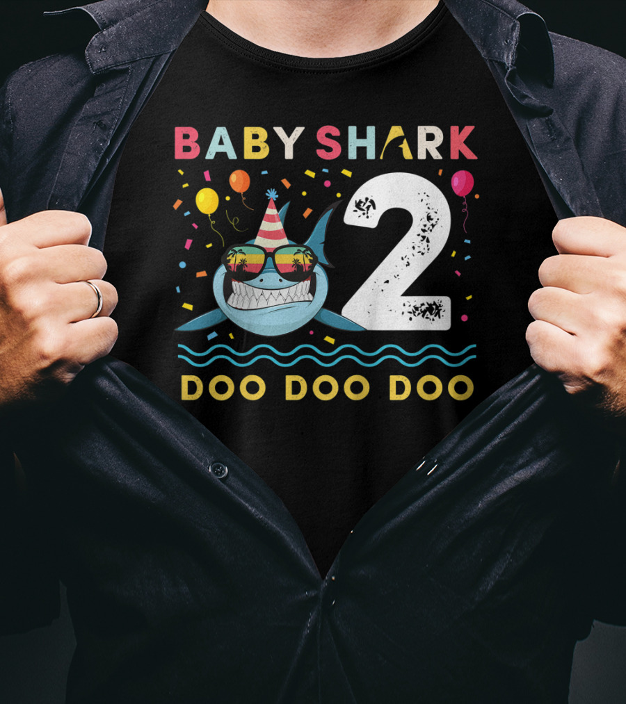 Baby Shark 2nd Birthday Doo Doo Doo Toddler Kids Party Hat Balloons T-Shirt