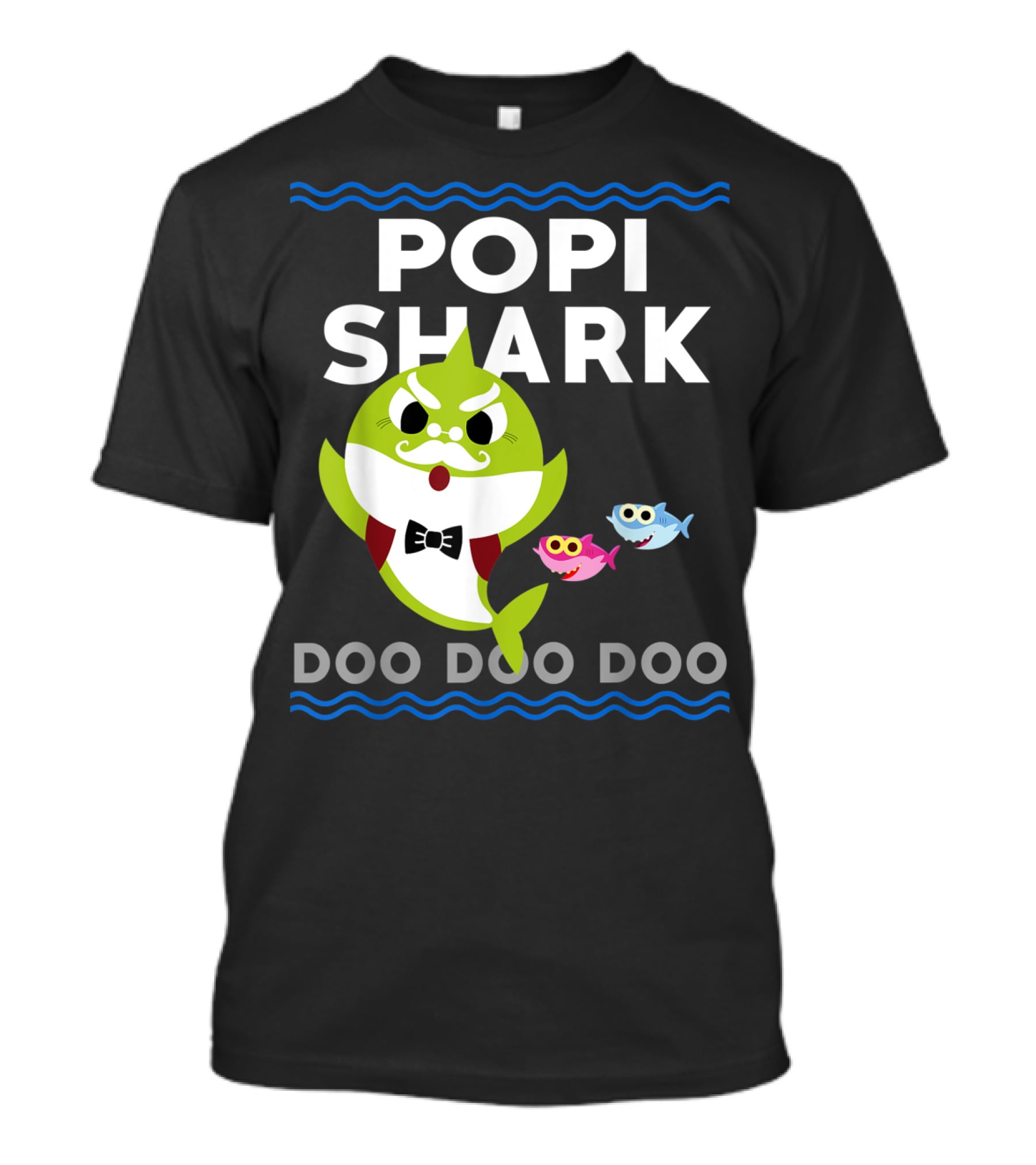 Popi Shark Doo Doo Doo Mustached Bowtie Shark With Cute Colorful Fish T-Shirt