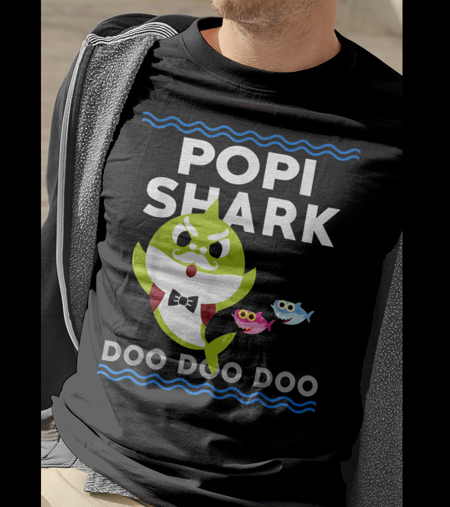 Popi Shark Doo Doo Doo Mustached Bowtie Shark With Cute Colorful Fish T-Shirt