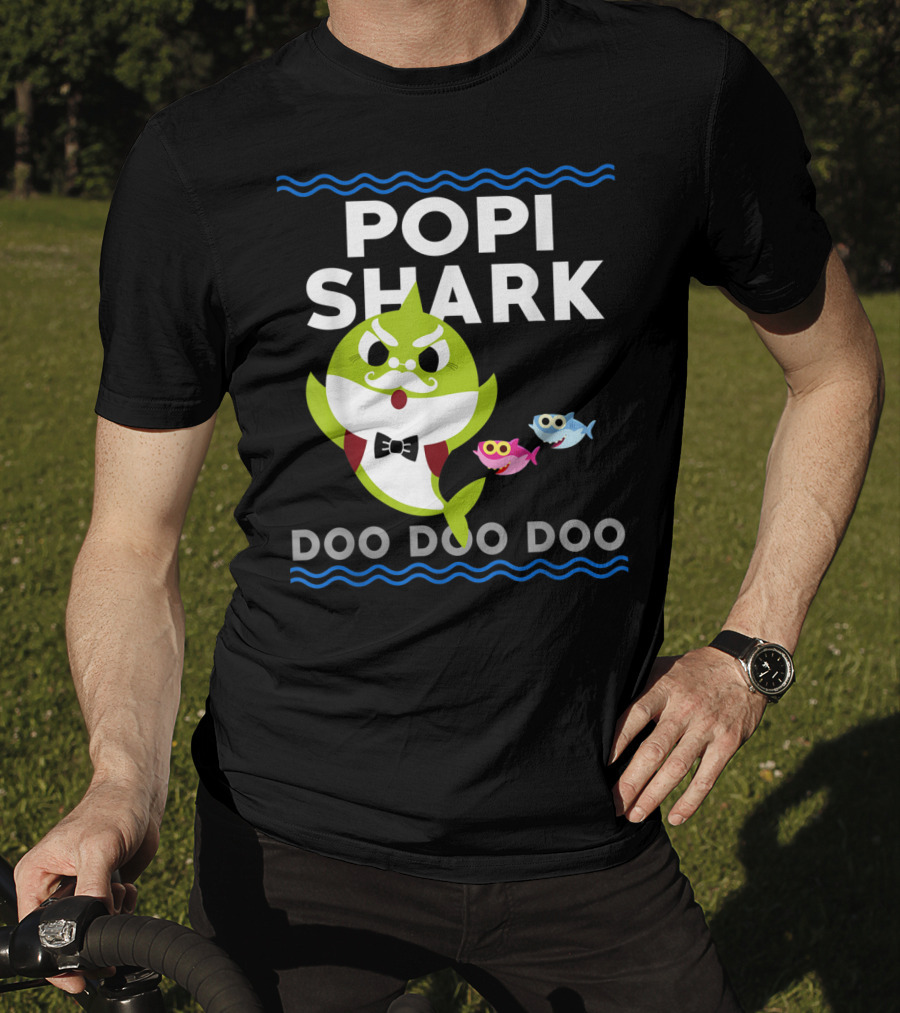 Popi Shark Doo Doo Doo Mustached Bowtie Shark With Cute Colorful Fish T-Shirt