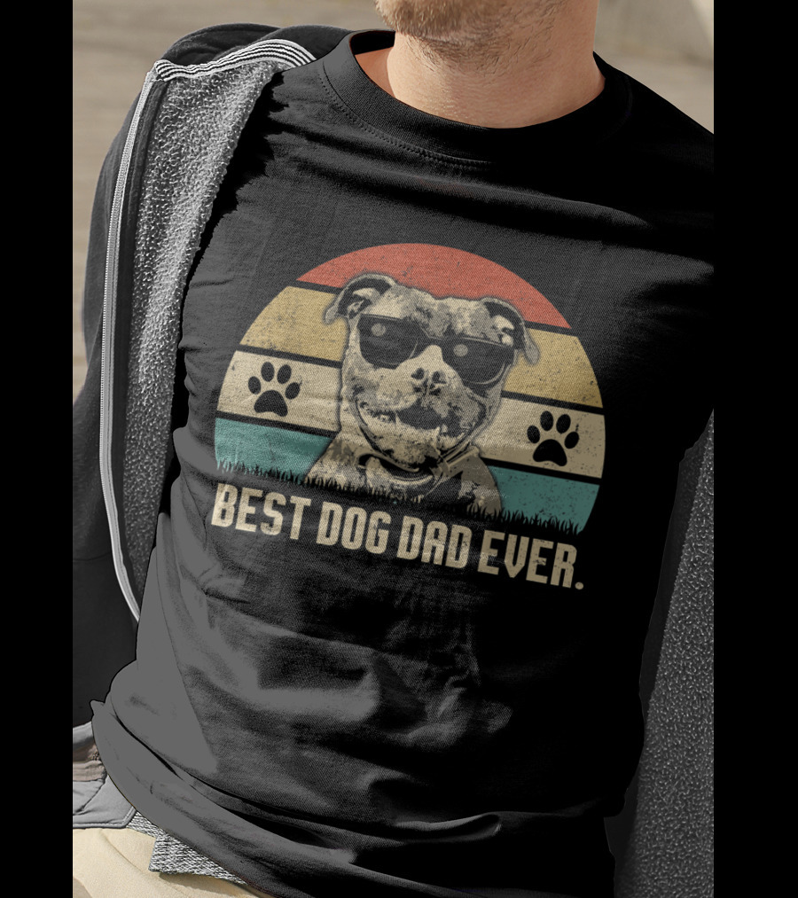 Vintage Best Dog Dad Ever Pitbull With Sunglasses And Paw Prints T-Shirt