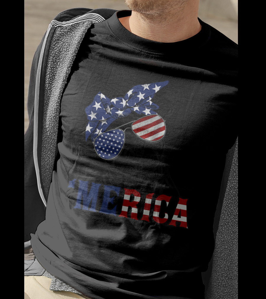 'Merica Patriotic Stars And Stripes Pitbull With USA Flag Glasses T-Shirt