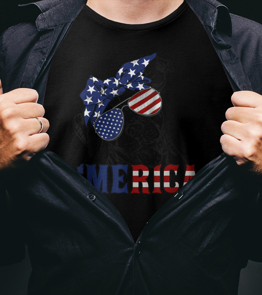 'Merica Patriotic Stars And Stripes Pitbull With USA Flag Glasses T-Shirt