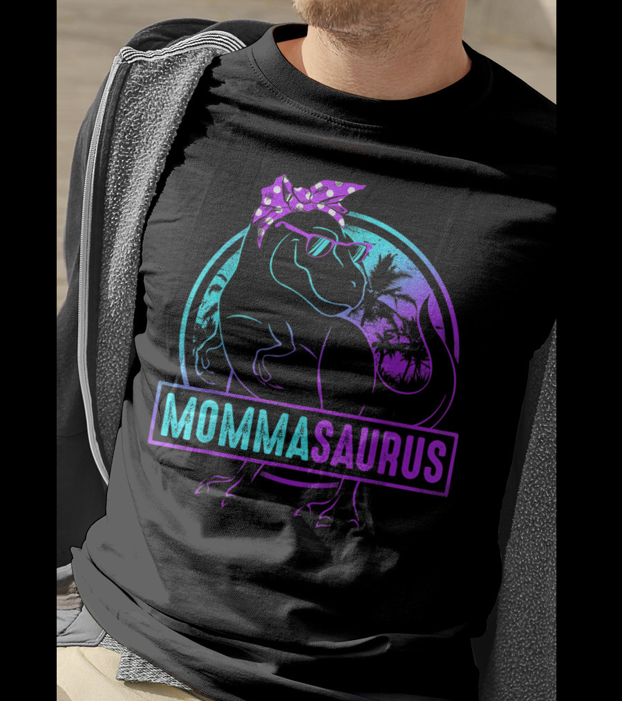 Mommasaurus Dinosaur With Bandana Sunglasses And Tropical Background T-Shirt