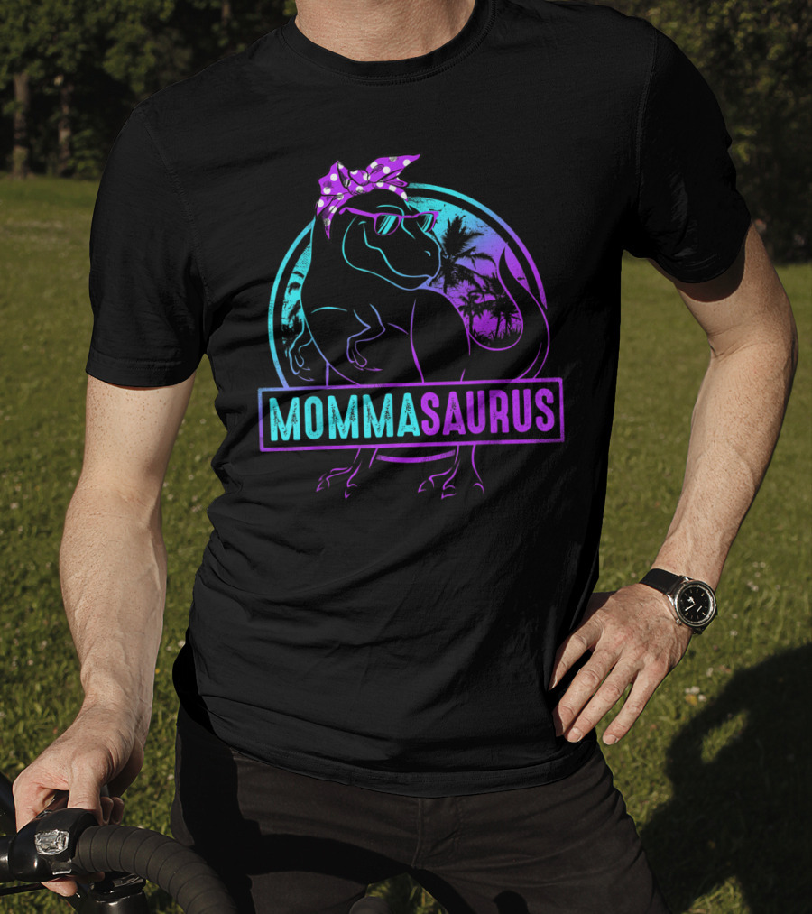 Mommasaurus Dinosaur With Bandana Sunglasses And Tropical Background T-Shirt