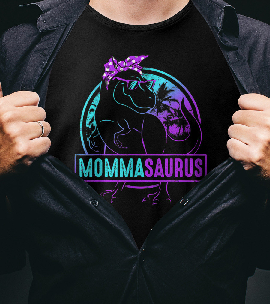 Mommasaurus Dinosaur With Bandana Sunglasses And Tropical Background T-Shirt