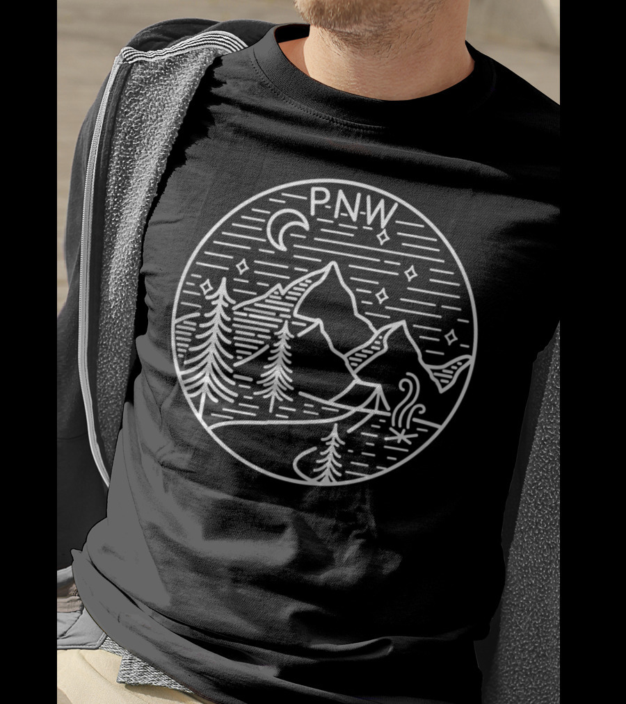 P.N.W. Pacific Northwest Outdoors Trees Mountains Night Sky T-Shirt