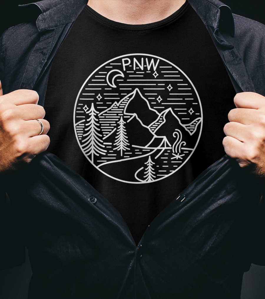 P.N.W. Pacific Northwest Outdoors Trees Mountains Night Sky T-Shirt