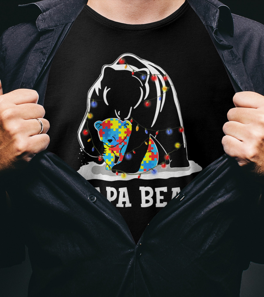 Papa Bear Autism Awareness Puzzle Piece Lights T-Shirt