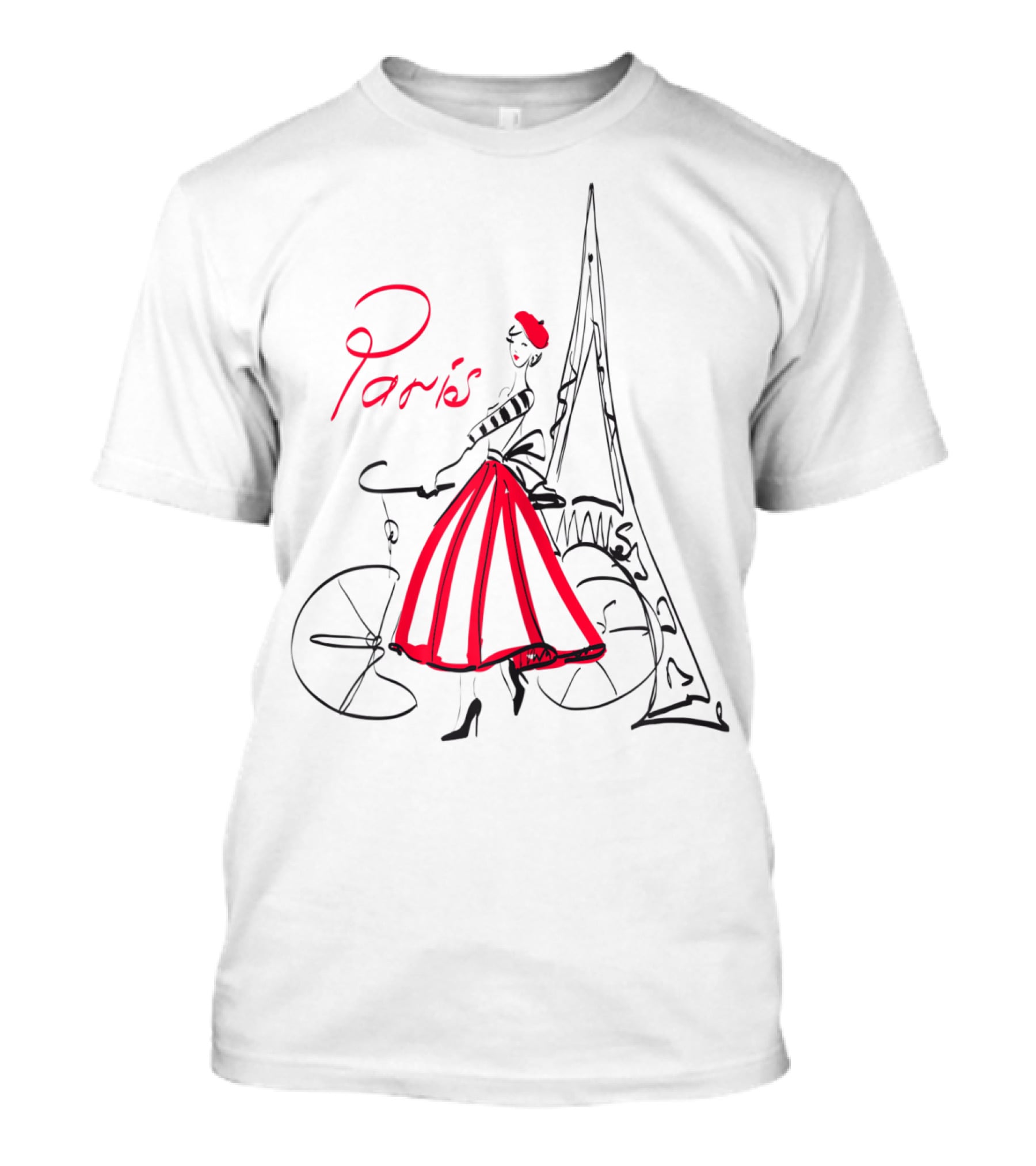 Paris Bicycle Woman With Eiffel Tower In Red Dress T-Shirt