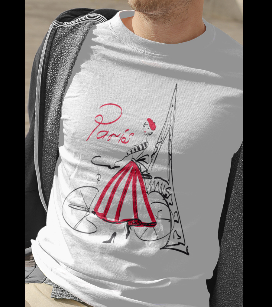 Paris Bicycle Woman With Eiffel Tower In Red Dress T-Shirt