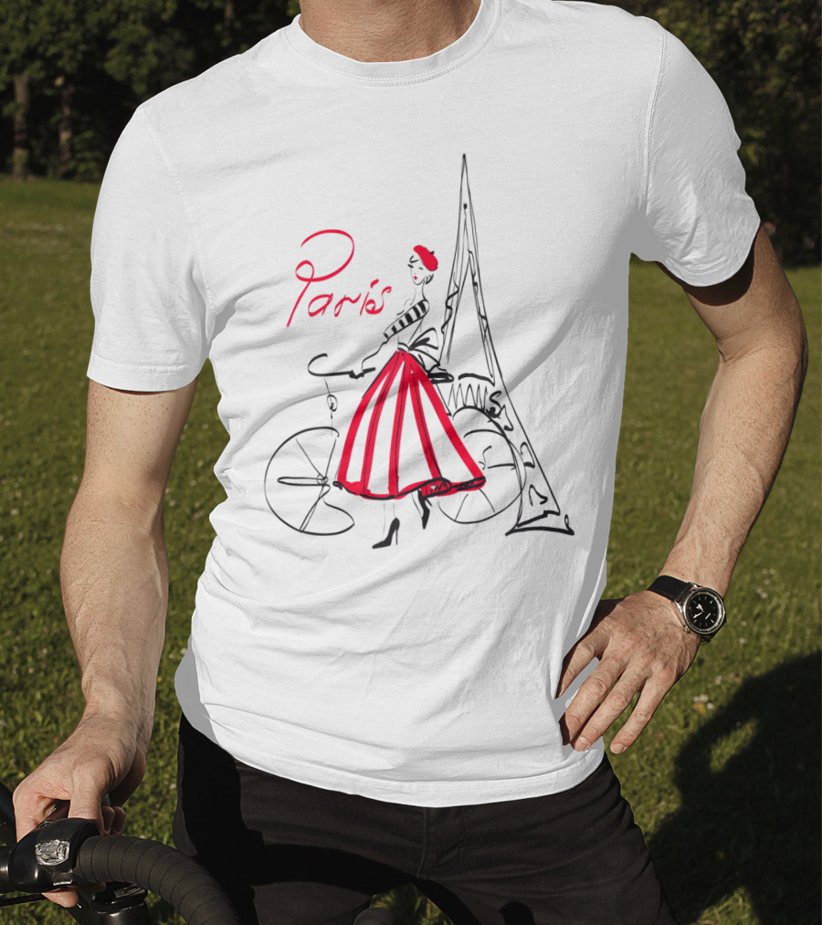 Paris Bicycle Woman With Eiffel Tower In Red Dress T-Shirt