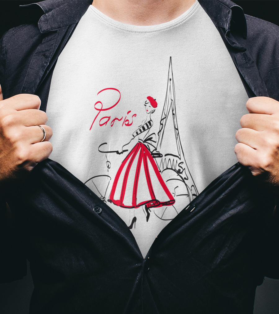 Paris Bicycle Woman With Eiffel Tower In Red Dress T-Shirt