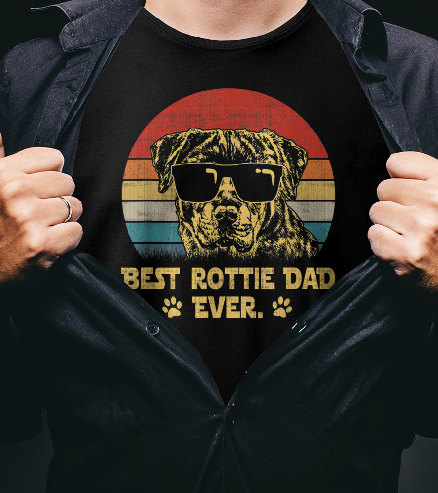 Retro Vintage Best Rottie Dad Ever Sunglasses Dog With Paw Prints T-Shirt