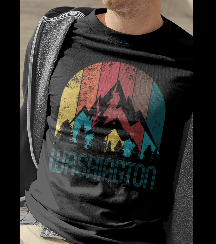 Washington Retro Mountain Landscape Forest Silhouette Vintage Multicolor Stripes T-Shirt