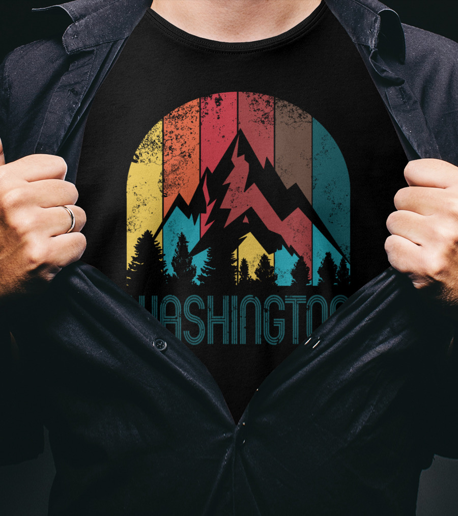 Washington Retro Mountain Landscape Forest Silhouette Vintage Multicolor Stripes T-Shirt