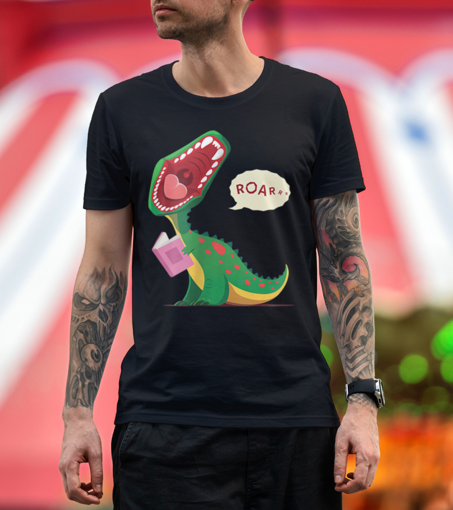 Roar Trex Dinosaur Holding Pink Book and Heart Inside Mouth T-Shirt