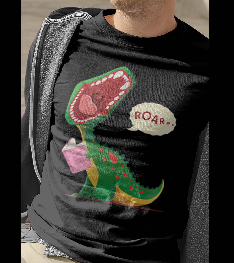 Roar Trex Dinosaur Holding Pink Book And Heart Inside Mouth T-Shirt