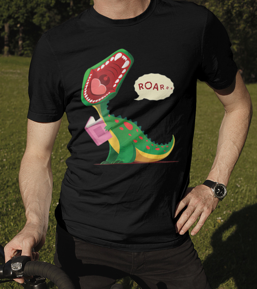 Roar Trex Dinosaur Holding Pink Book And Heart Inside Mouth T-Shirt