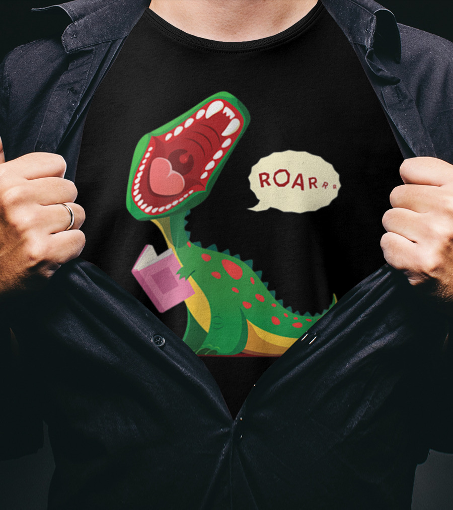 Roar Trex Dinosaur Holding Pink Book And Heart Inside Mouth T-Shirt