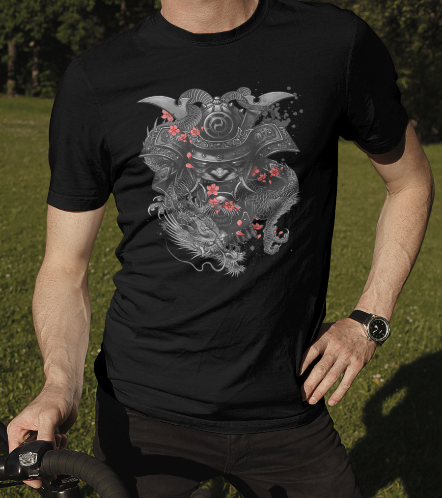 Samurai Warrior Dragon Cherry Blossoms Japanese Bushido Knight T-Shirt