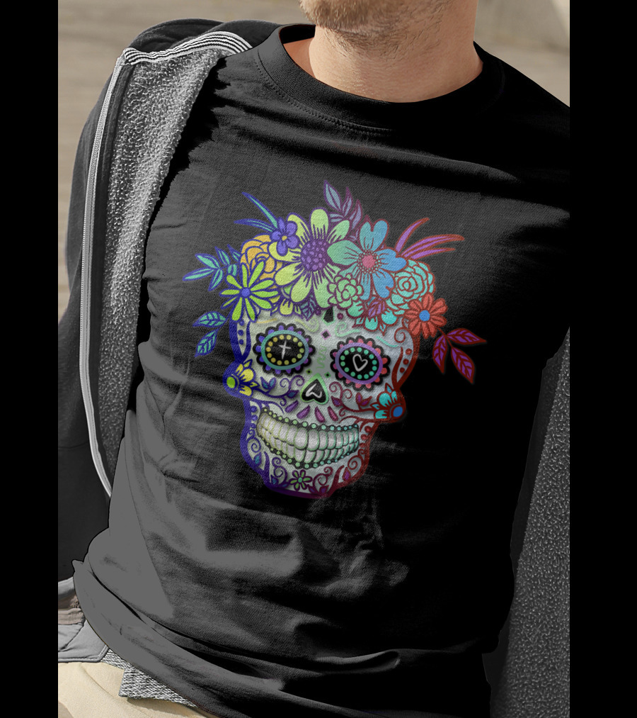 Sugar Skull Dia De Los Muertos Colorful Floral Day Of The Dead T-Shirt