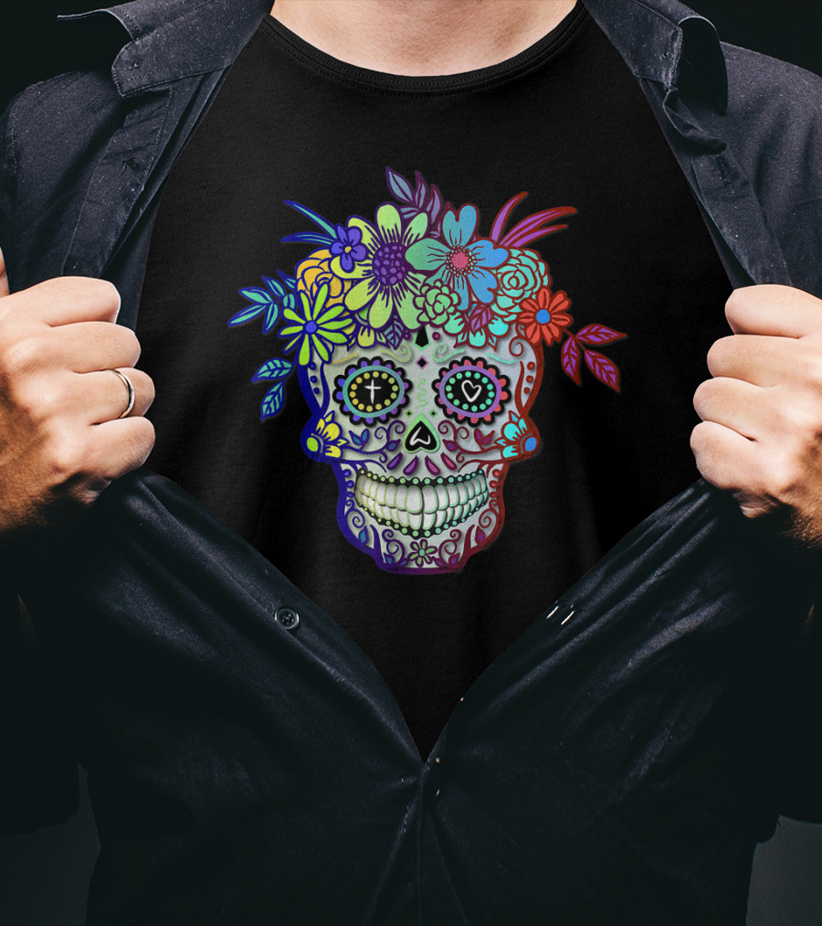 Sugar Skull Dia De Los Muertos Colorful Floral Day Of The Dead T-Shirt