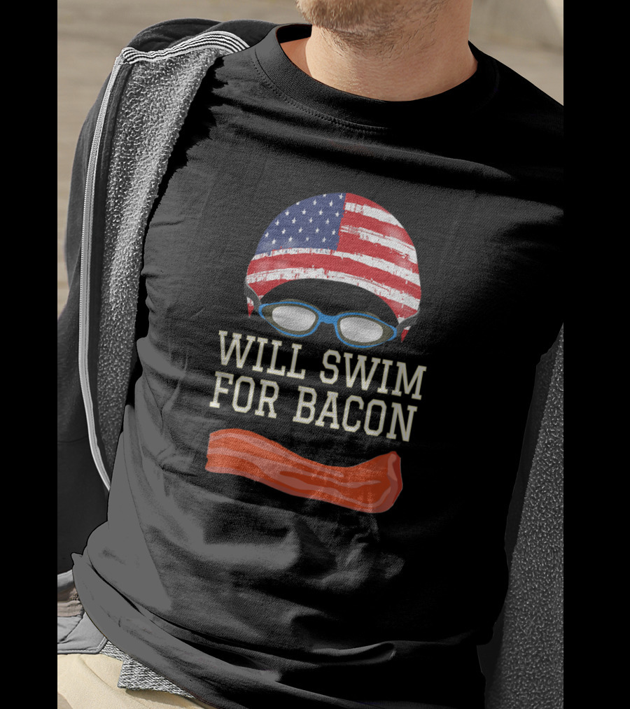 Will Swim For Bacon Funny Swimming Goggles Cap USA Flag T-Shirt