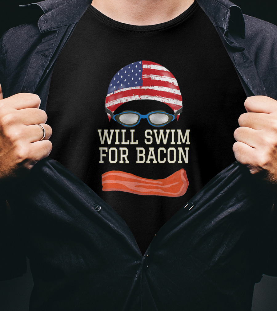 Will Swim For Bacon Funny Swimming Goggles Cap USA Flag T-Shirt