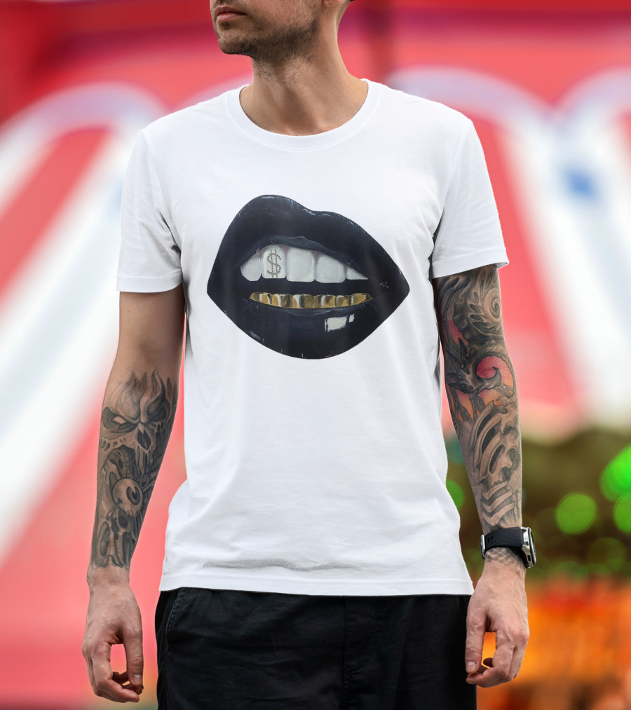 Red Black Lips Gold Teeth Dollar Smile T-Shirt