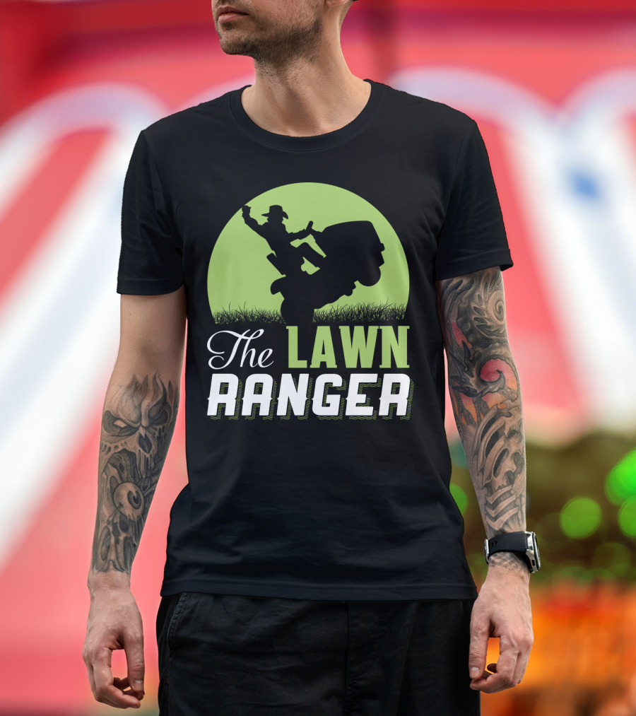 The Lawn Ranger Funny Mowing Cowboy on Ride-On Lawnmower T-Shirt