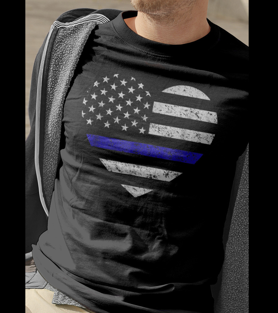 Thin Blue Line American Flag Heart Police Support T-Shirt
