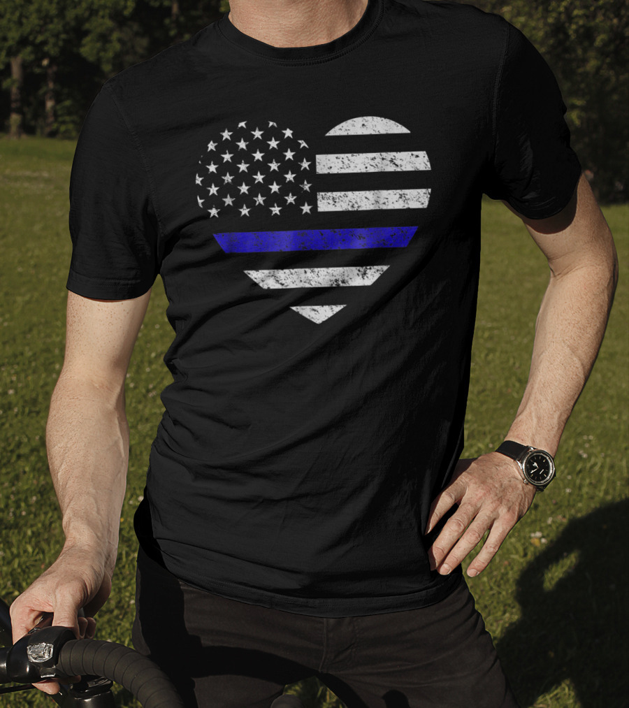 Thin Blue Line American Flag Heart Police Support T-Shirt